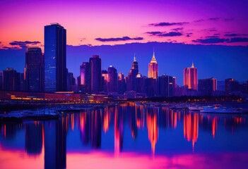 Obraz premium vibrant city skyline twilight showcasing bright colors illuminated buildings dusk sky, aesthetic, architecture, citylights, cityscape, cityview, colorful