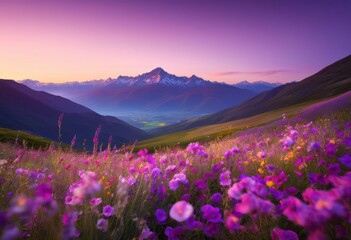 vibrant floral fields illuminated twilight glow lush colors soft light creating dreamy landscape, aesthetic, beauty, bloom, botanical, colorful, delicate, dusk