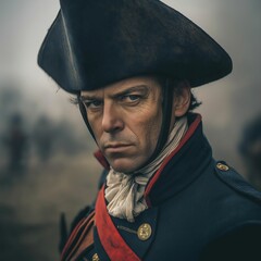 Portrait of a general in uniform, with a determined expression, facing the camera, against a battlefield background during a battle.