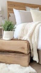 This cozy bedroom features an elegant wooden bed, soft fabric accents, and natural lighting. The neutral tones create a serene environment, complemented by a lively plant