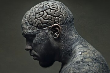 Robotic arm digital cortex cortical adaptation cognitive robotics and molecular computation close up of a man&rsquo;s head with brain exposed to advanced neural enhancements