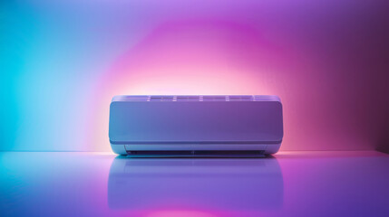 An air conditioner unit is highlighted by vibrant LED lighting, casting colorful reflections on a glossy surface, creating a contemporary atmosphere in the room