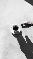 Reaching for a Moment of Tranquility   Minimalist Coffee Cup on Wooden Table