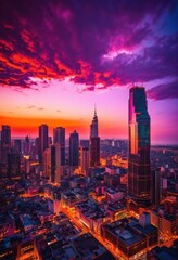 Fototapeta premium vibrant city skyline captivating cloud formations displaying stunning urban landscape sunset, aerial, architecture, atmospheric, beauty, blue, buildings
