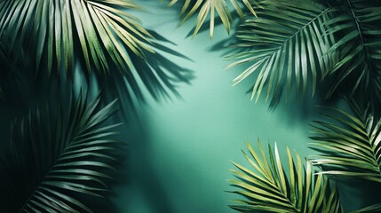 Exotic palm leaves shadows on dark green paper background, lush silhouettes texture, abstract defocused backdrop for product placement