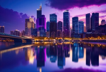 Fototapeta premium stunning city skyline twilight showcasing vibrant lights colorful reflections dusk sky, architecture, buildings, cityscape, downtown, evening, skyscrapers