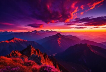 Fototapeta premium breathtaking mountain silhouettes framed vibrant sunset sky filled rich colors dramatic lighting, horizon, landscape, clouds, nature, outdoors, evening