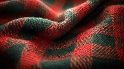 Fototapeta premium Textured pattern of Christmas plaid fabric, with its soft woolen weave and traditional red-and-green colors. 4K hyperrealistic photo.