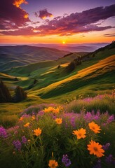 Fototapeta premium vibrant sunset over expansive green vistas showcasing rich colors lush landscapes during golden hour, autumn, colorful, sky, horizon, nature, scenery