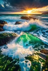 Fototapeta premium stunning vibrant sea views featuring captivating wave action lively ocean dynamics, beach, waves, water, coastline, shore, landscape, scenery, marine