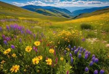Obraz premium vibrant wildflowers covering serene hillside landscape under clear blue sky, nature, flora, colorful, meadow, field, grass, green, blossom, summer, view