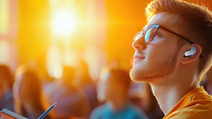 Engaged Student with Hearing Aid Taking Notes at University Lecture, Academic Atmosphere | Copy Space, Ultra HD