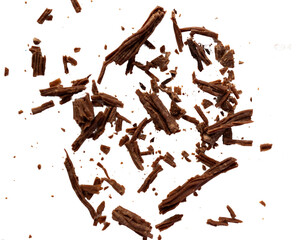Scattered pieces of dark chocolate on a white or transparent background.Chocolate chips . Ingredients for dessert recipes.Recipe magazines and cookbooks 