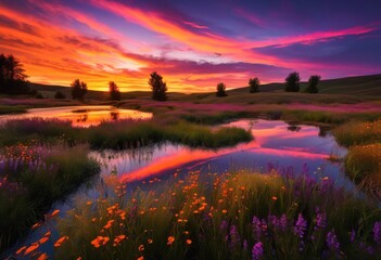 Obraz premium breathtaking sunset over tranquil countryside vibrant colors serene landscapes capturing beauty, sky, clouds, nature, scenery, view, horizon, fields, trees