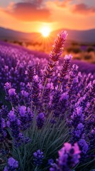 Obraz premium Serene Scene of Endless Lavender Fields Stretching Under Warm Sunset Sky