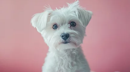An adorable small white dog portrait set against a lovely pink background backdrop