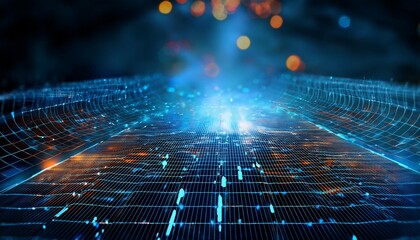 Pixelated grid with depth of field on a high-tech 3D background