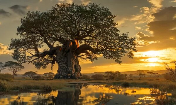 Towering baobab tree in African savannah, Video