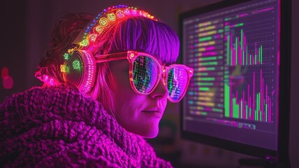 A vibrant individual with neon headphones and glasses analyzing data on a computer, surrounded by colorful light.