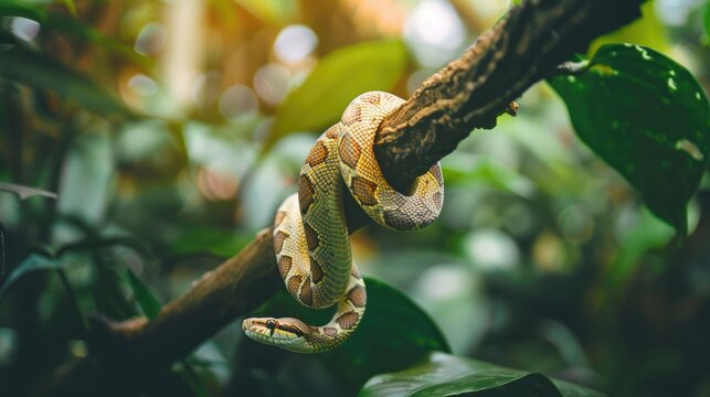Snake coiled around green branch