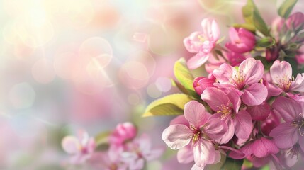 Obraz premium Spring floral background with pink apple flowers defocused bokeh effect and ample space for text