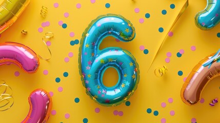 Sixth anniversary celebration banner with birthday wishes Colorful metallic number six on yellow backdrop top view