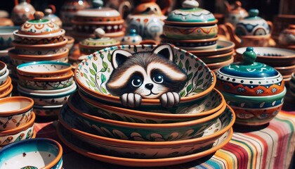 italienische T&ouml;pferware mit einem Waschb&auml;ren Motiv auf einem Markt  in Italien