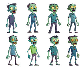Cartoon zombies characters. Horror zombi monster cartoon character, creepy halloween mascot walking undead, set vector illustration
