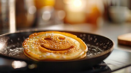 Smiley faced pancake cooking in kitchen on frying pan