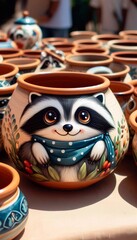 italienische Töpferware mit einem Waschbären Motiv auf einem Markt  in Italien