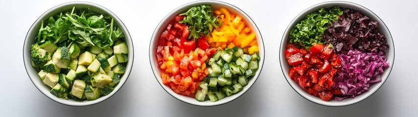 Vibrant Salad Showcase, a colorful assortment of fresh salads in elegant bowls, highlighting crisp vegetables and greens, arranged against a clean white backdrop.