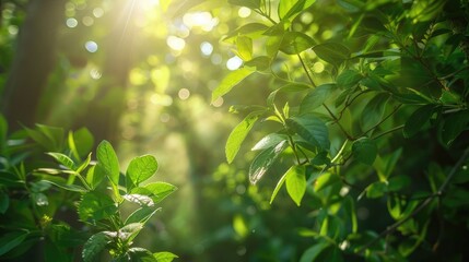 Fototapeta premium Sunlight filtering through green foliage in the morning