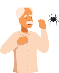 Elderly man is feeling disgusted as he notices a spider hanging from the ceiling