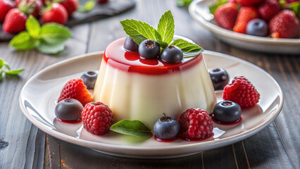 Delicate panna cotta topped with berry sauce and fresh fruits on a plate