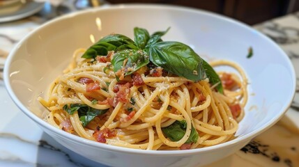 Spicy bacon and basil spaghetti in a white bowl
