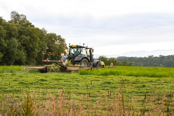 Farm tractor and mower cutting hay field at sunset with trees in background