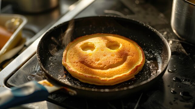 Smiley faced pancake cooking in kitchen on frying pan