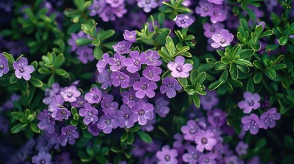 Small purple flowers on evergreen shrub ideal for backdrop