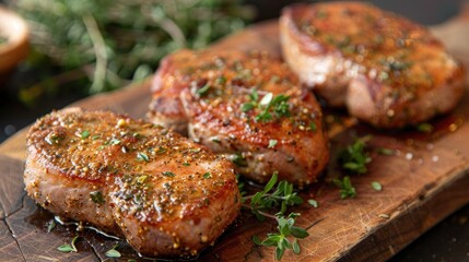 Spiced pork loin steaks on a cutting board