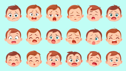 Childs negatives emotions. Toddlers bad facial expression, anger crying displeased furious tired terrified boy, cartoon set vector illustration