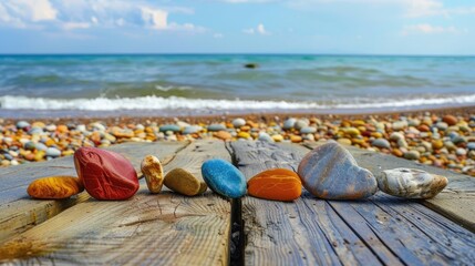 Text with colored stones on wood and beach backdrop