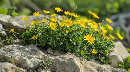 Small yellow herbaceous ground cover flower Wedelia trilobata in garden light