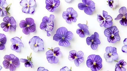 Spring floral pattern from Viola odorata flowers on white background top view