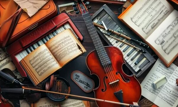 Music-themed collage with album covers, instruments, and musical notes, Video