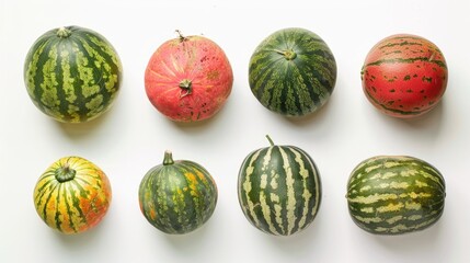 Six unique watermelons on a white backdrop