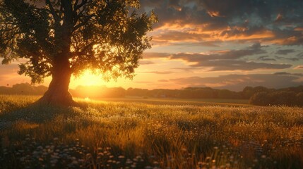 Sunset in a field by a tree