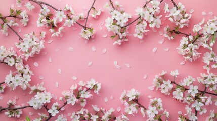 Fototapeta premium Spring floral branches on cherry background Ideal for various occasions Flat lay with space for text