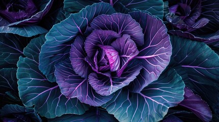 Fototapeta premium Symmetrical photo of cabbage leaves with purple hue