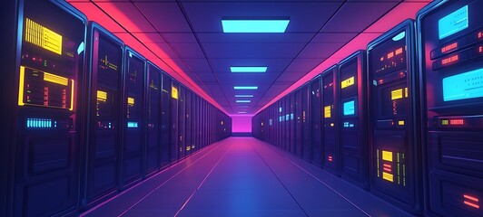 Fototapeta premium Futuristic Server Room Corridor with Neon Lights