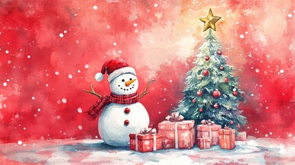 Obraz premium A cheerful and festive Snowman alongside a beautifully decorated Christmas Tree with vibrant Gifts